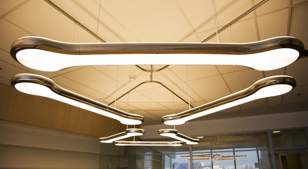 Traditional overhead lighting in the office.