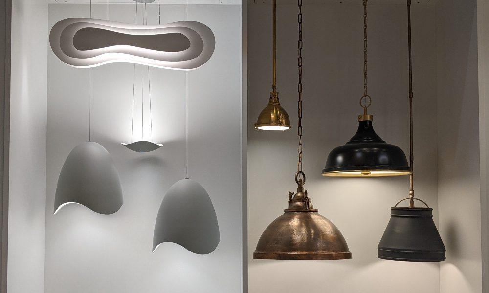 A set of fixtures that can play into potential lighting designs or control schemes ranging from modern organic forms to more classical brass pendants.