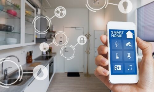 Smart home control screen showcasing lighting, security, automation and environmental control categories to highlight some of the most search smart home products in the home.